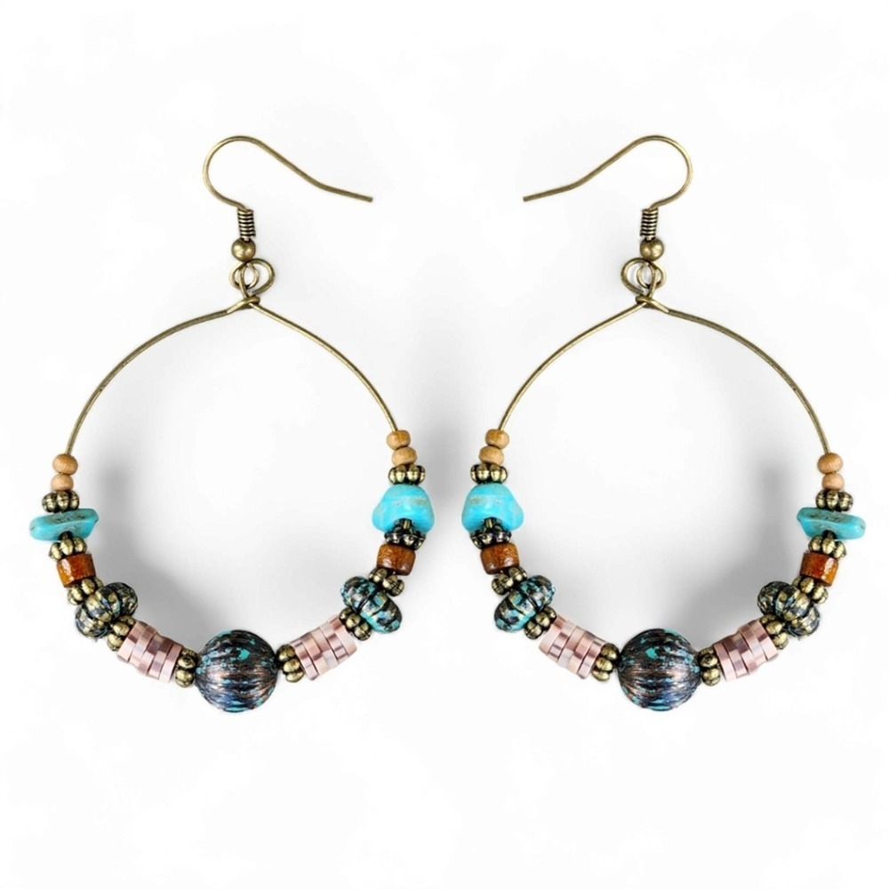 ⭐️2 for $30⭐️Sal Turquoise Boho Vintage, Hoop Bohemian Jewelry Bronze Beaded